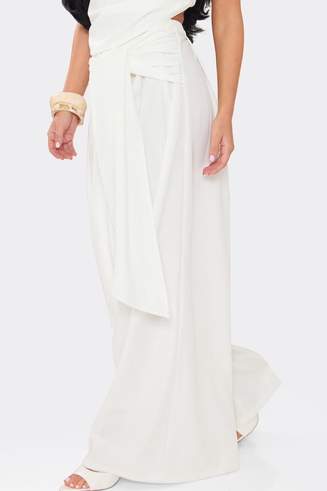 EGO EGO Women's Wide Leg Tie Woven Tie Waist Trousers in White - 3
