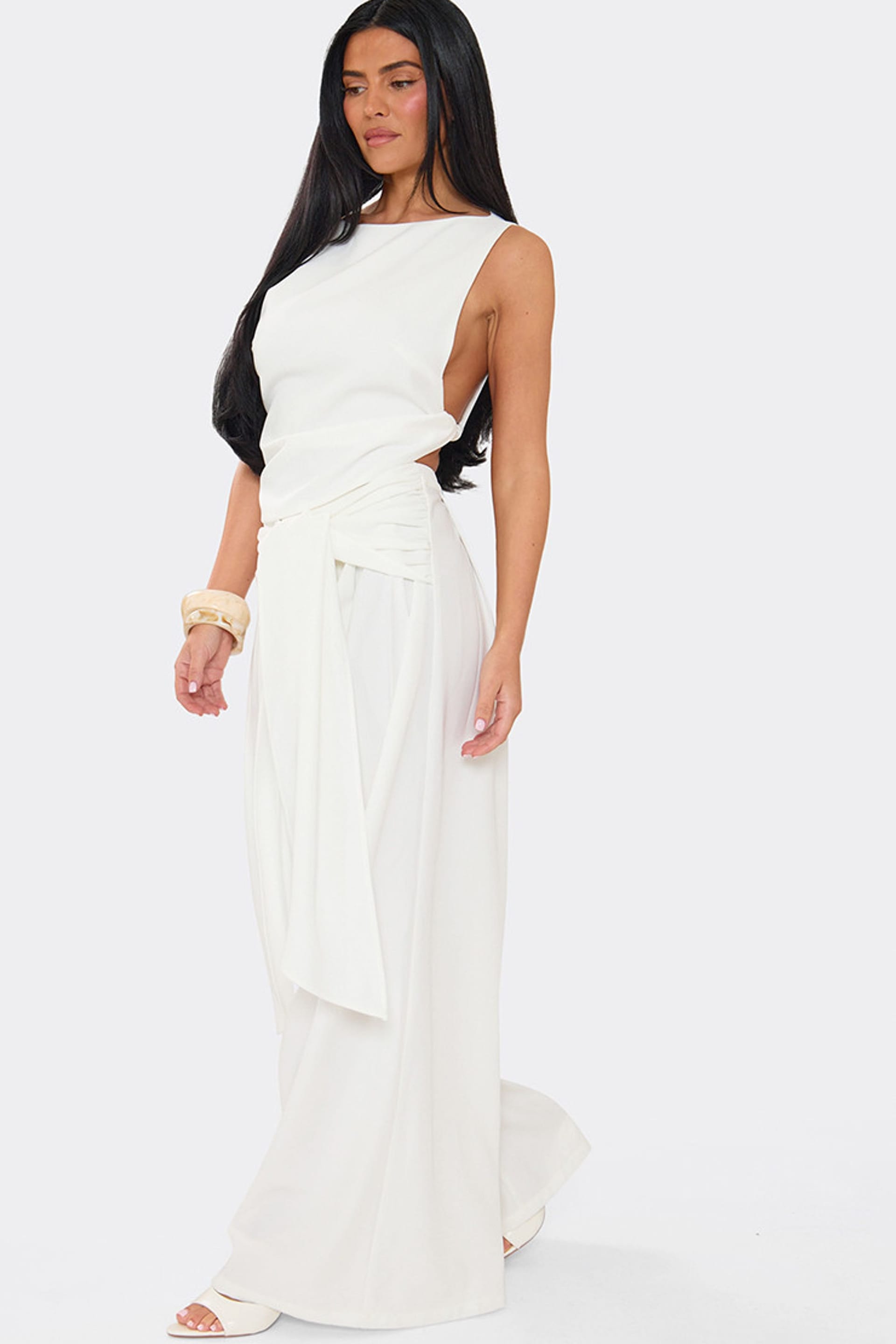 EGO EGO Women's Wide Leg Tie Woven Tie Waist Trousers in White - 4