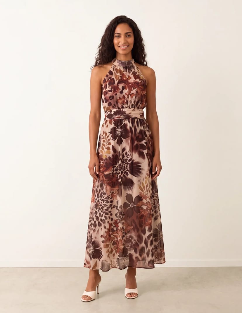 Blue Vanilla Georgette Printed Halterneck Occasion Dress - 1