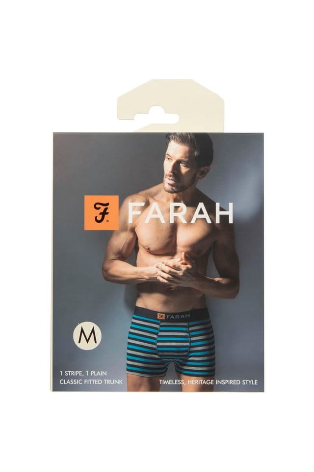 Farah FARAH Men's Mens 2 Pack Plain & Striped Cotton Classic Fitted Trunks in Navy - 2