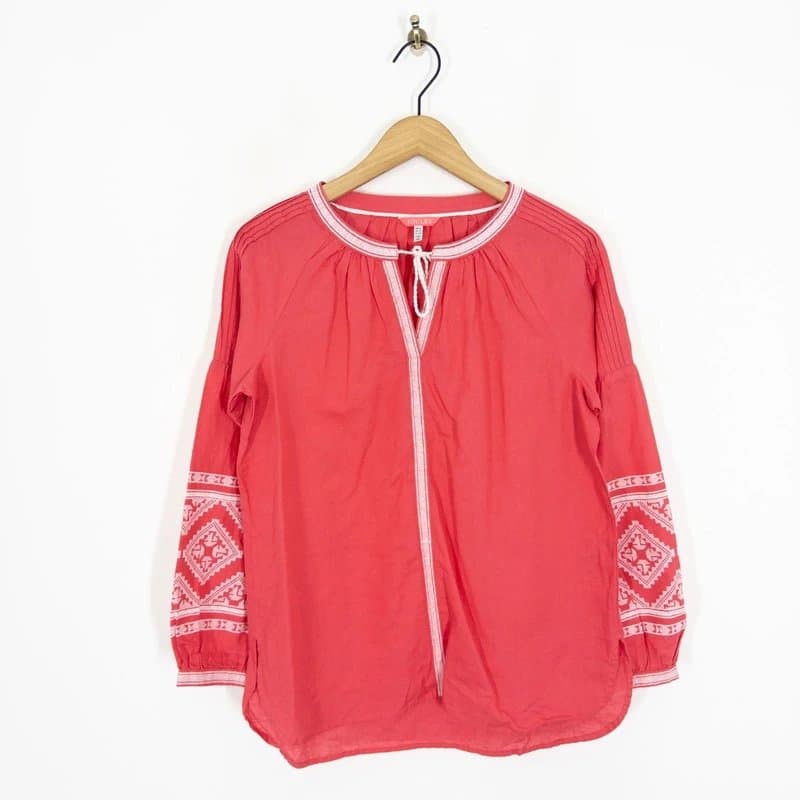 Joules Joules Embroidered Kaftan Blouse Size 12 Coral Pink Linen Cotton Boho Top