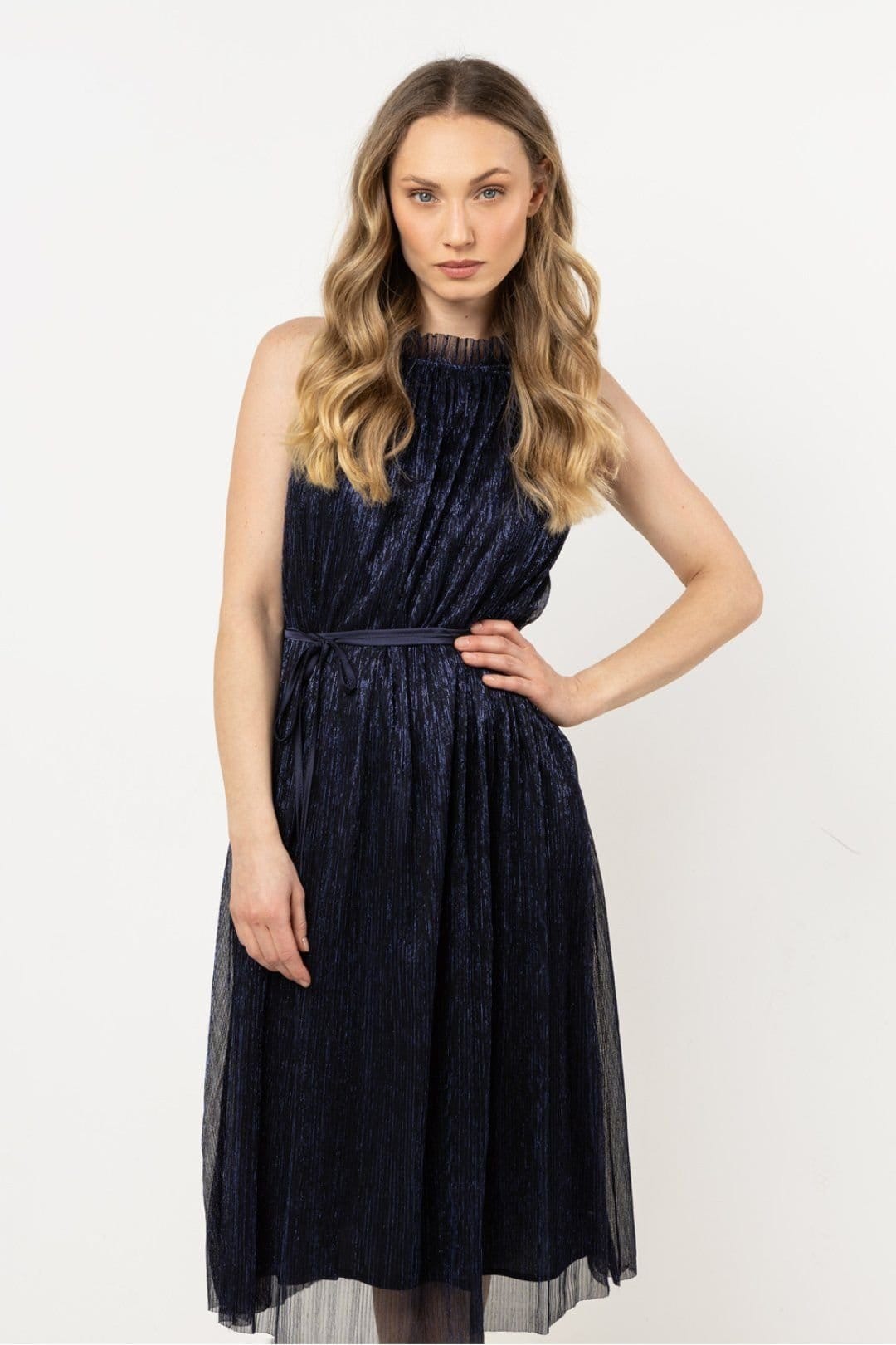 Love Lace Blue Satin Evening Trapeze Halter Dress