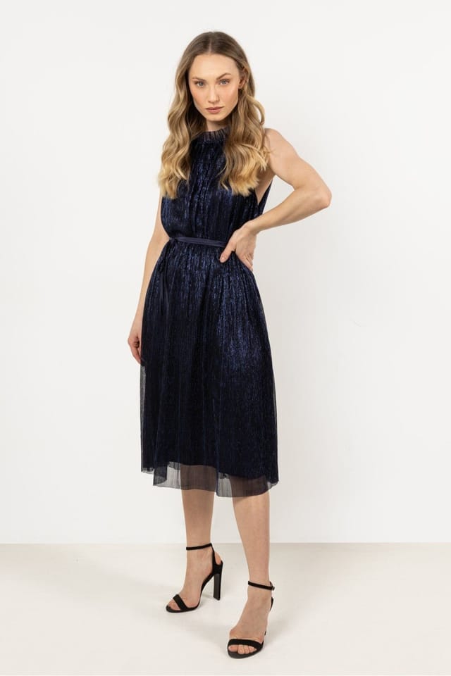 Love Lace Love Lace Women's Evening Trapeze Halter Dress with Satin Belt Style 212226 in Blue - 2