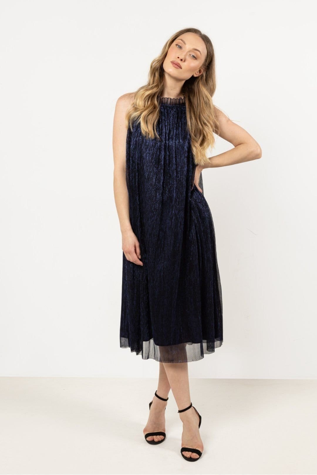 Love Lace Love Lace Women's Evening Trapeze Halter Dress with Satin Belt Style 212226 in Blue - 4