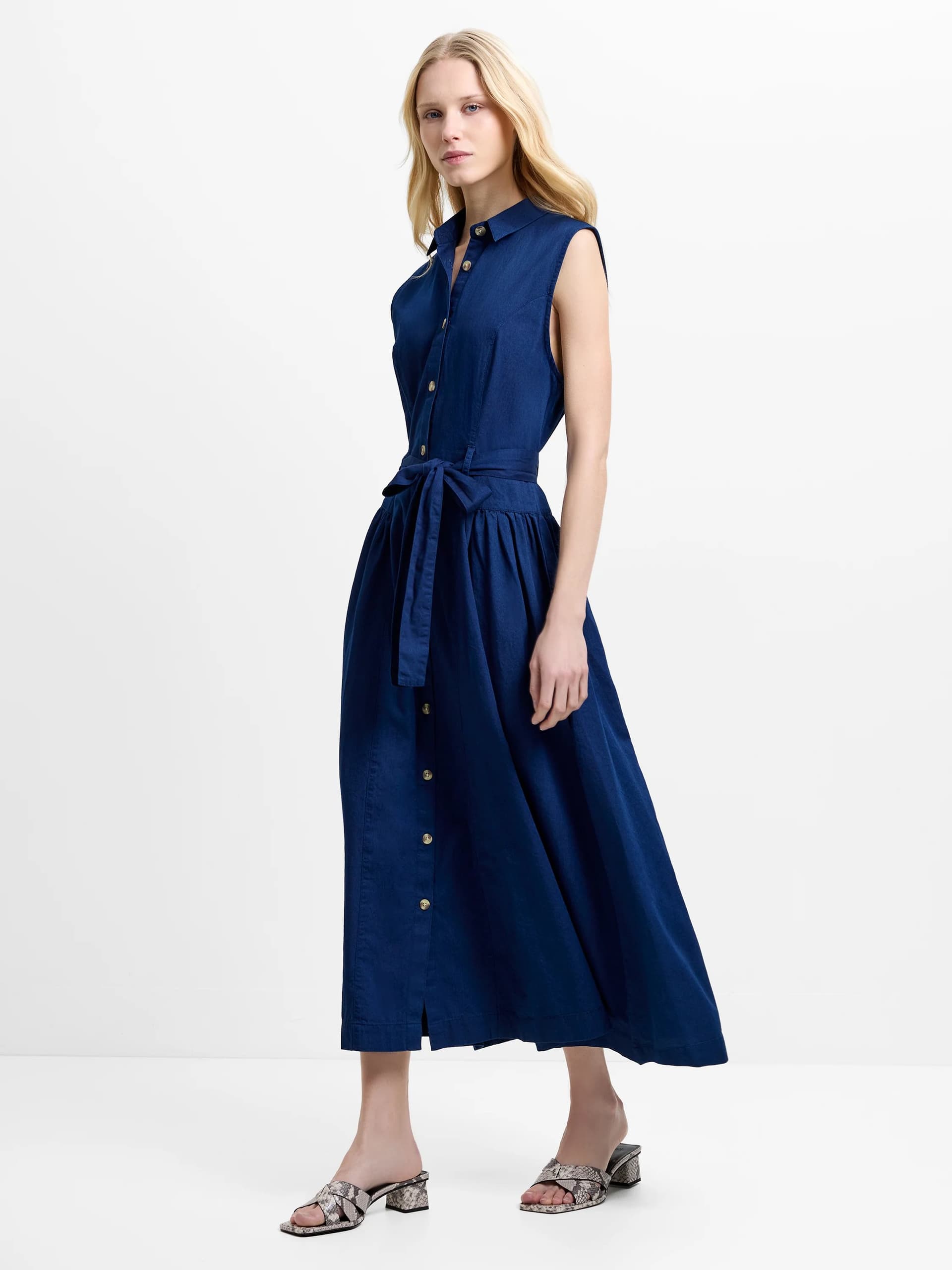 French Connection Zaves Chambray Denim Belted Midi Dress Dark Wash Blue