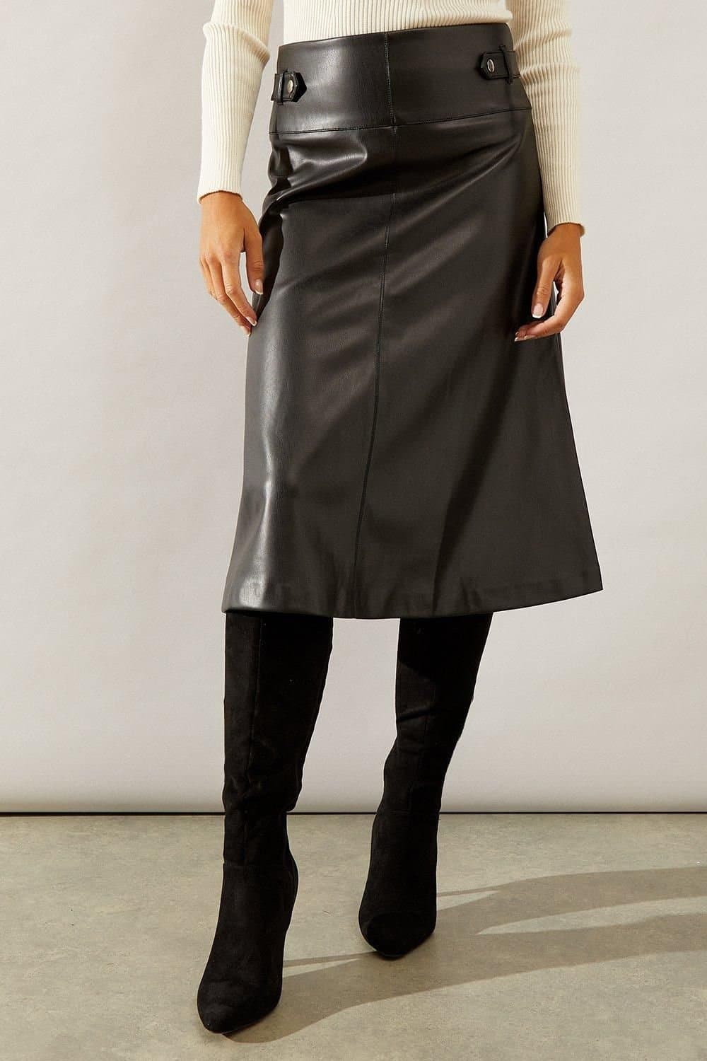 Wallis Wallis Women's Black Tab Detail Faux Leather A Line Skirt