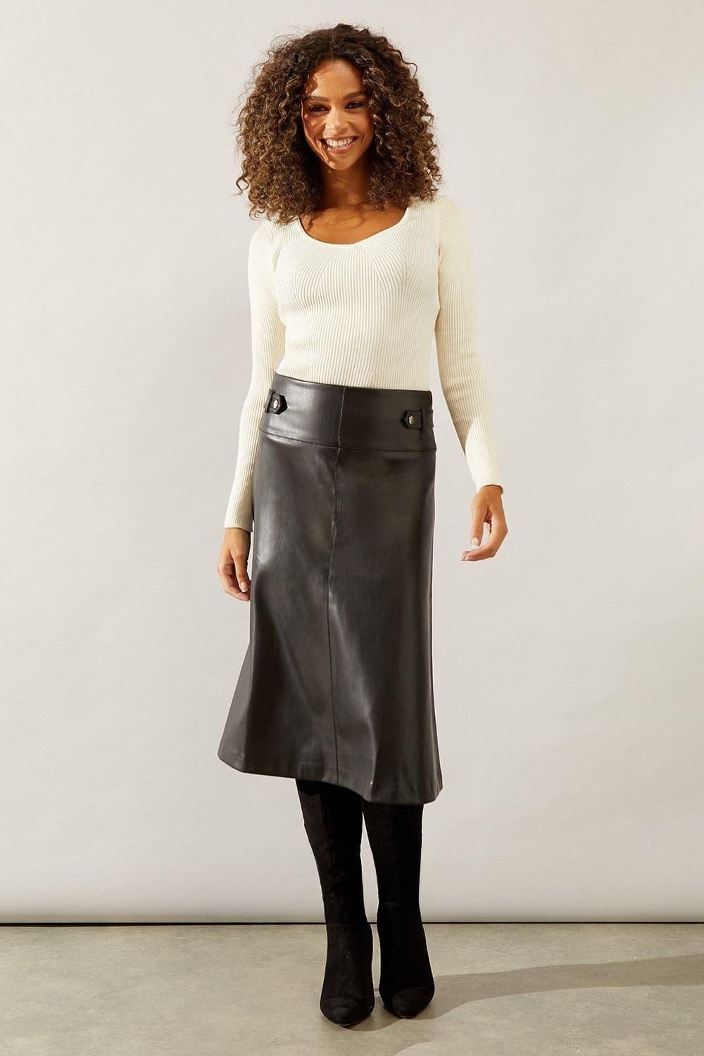 Wallis Wallis Women's Black Tab Detail Faux Leather A Line Skirt - 4