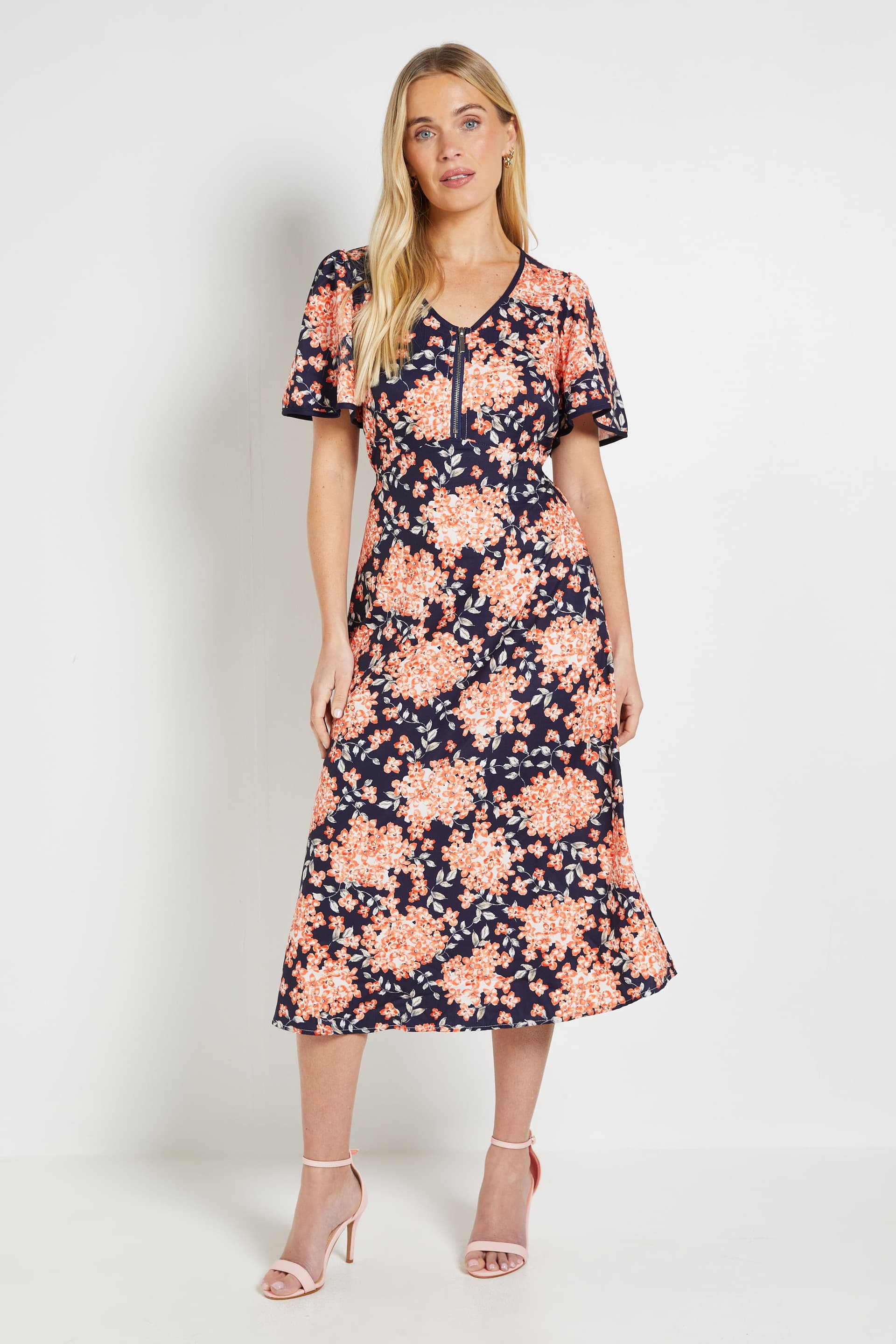 Wallis Wallis Navy Floral Midi Dress with Flare Sleeves
