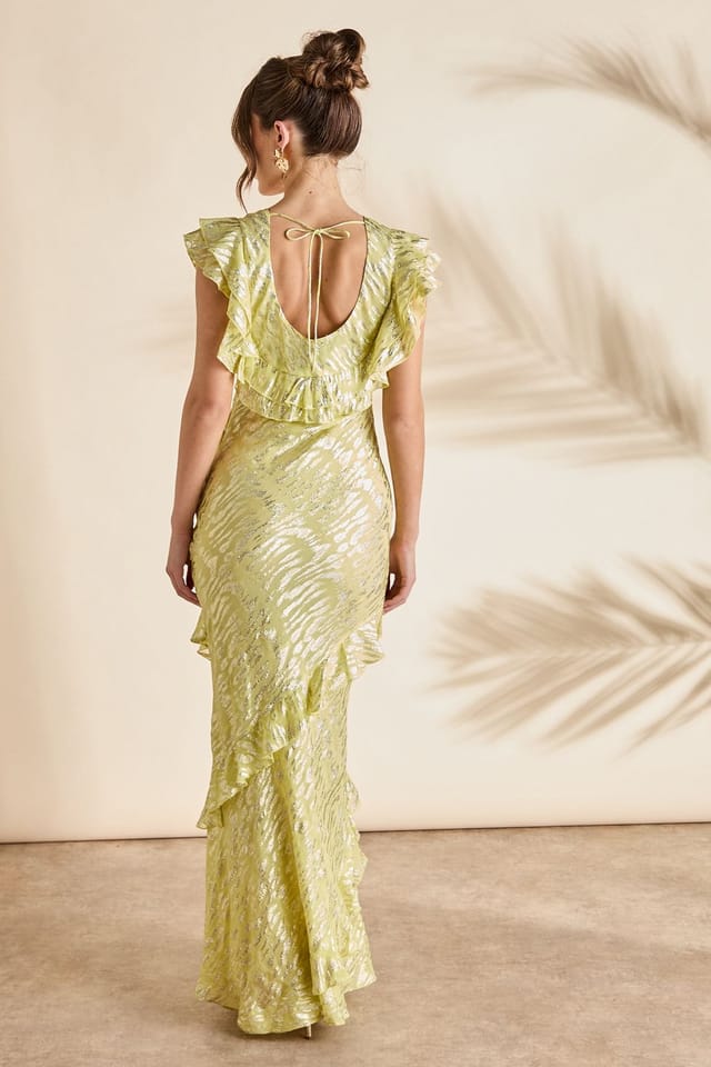 Coast Coast Women's Metallic Jacquard Frill Midi Dress in Yellow - 3