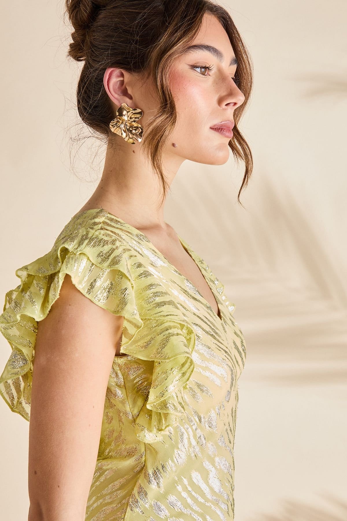 Coast Coast Women's Metallic Jacquard Frill Midi Dress in Yellow - 4