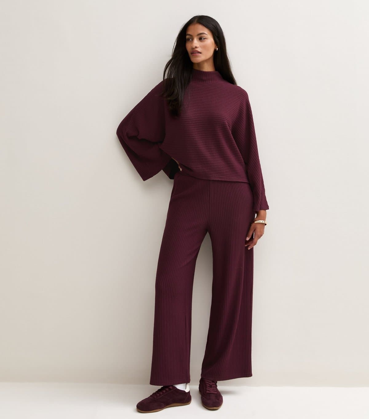 New Look Women's Petite Dark Burgundy Soft Touch Ribbed Wide Leg Trousers New Look