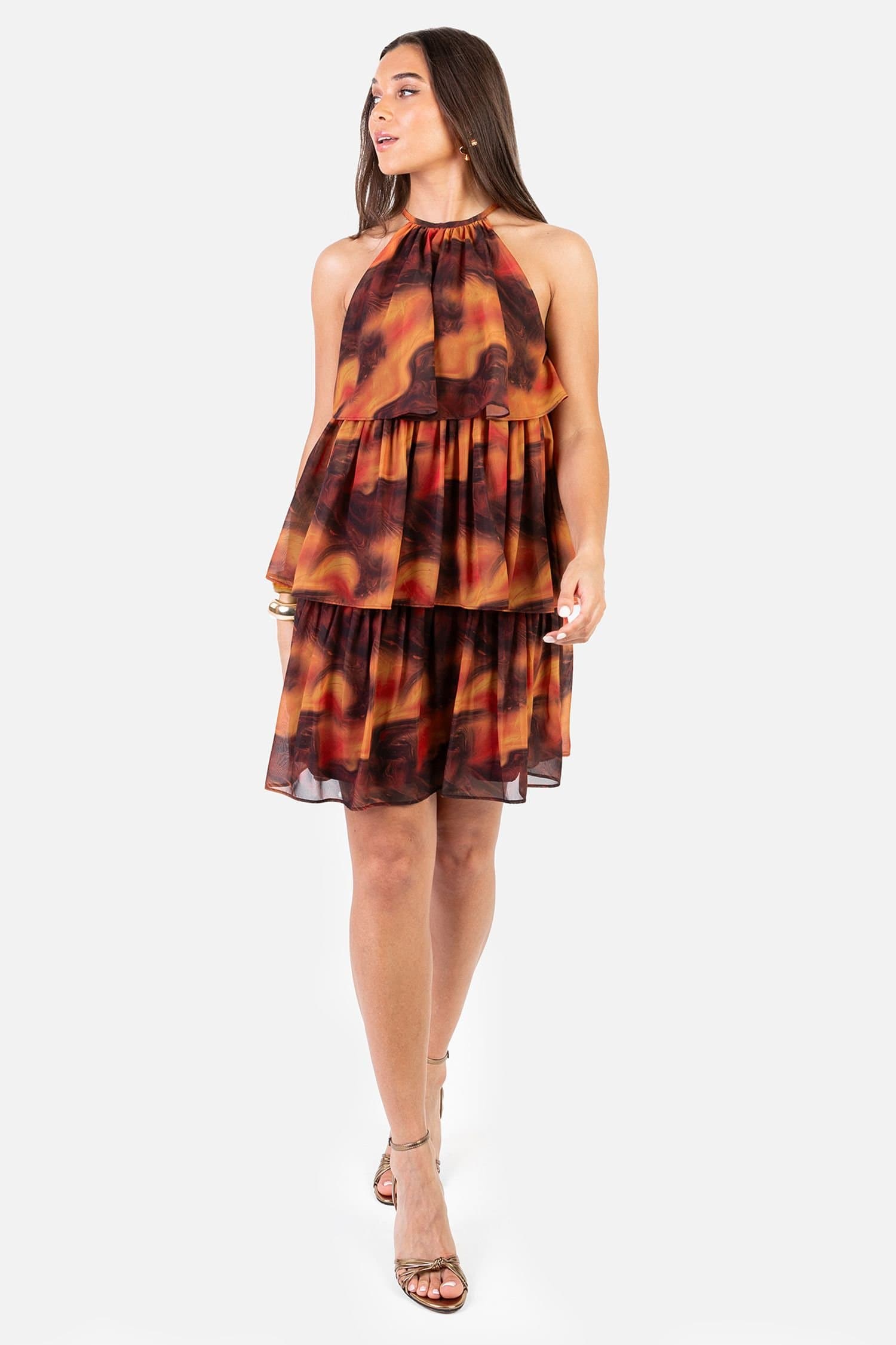 Anaya with Love Anaya with Love Women's Fire Marbel Print Halter Neck Tiered Swing Mini Dress