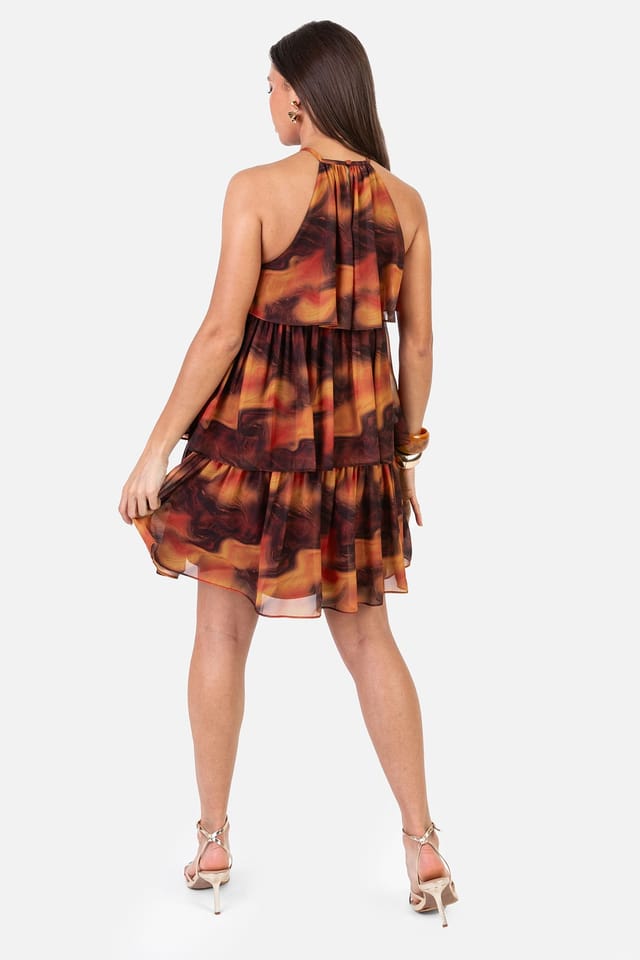 Anaya with Love Anaya with Love Women's Fire Marbel Print Halter Neck Tiered Swing Mini Dress - 2