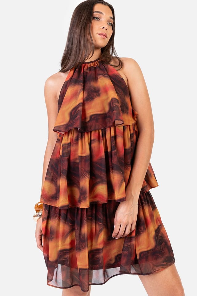 Anaya with Love Anaya with Love Women's Fire Marbel Print Halter Neck Tiered Swing Mini Dress - 3