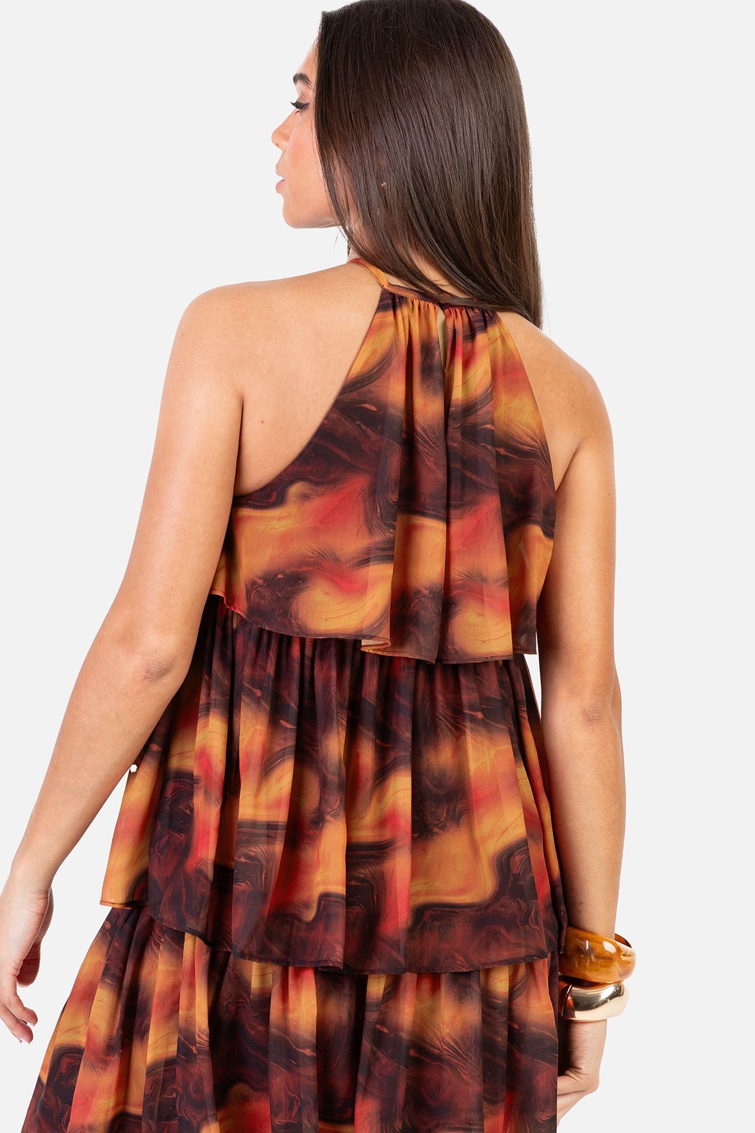 Anaya with Love Anaya with Love Women's Fire Marbel Print Halter Neck Tiered Swing Mini Dress - 4
