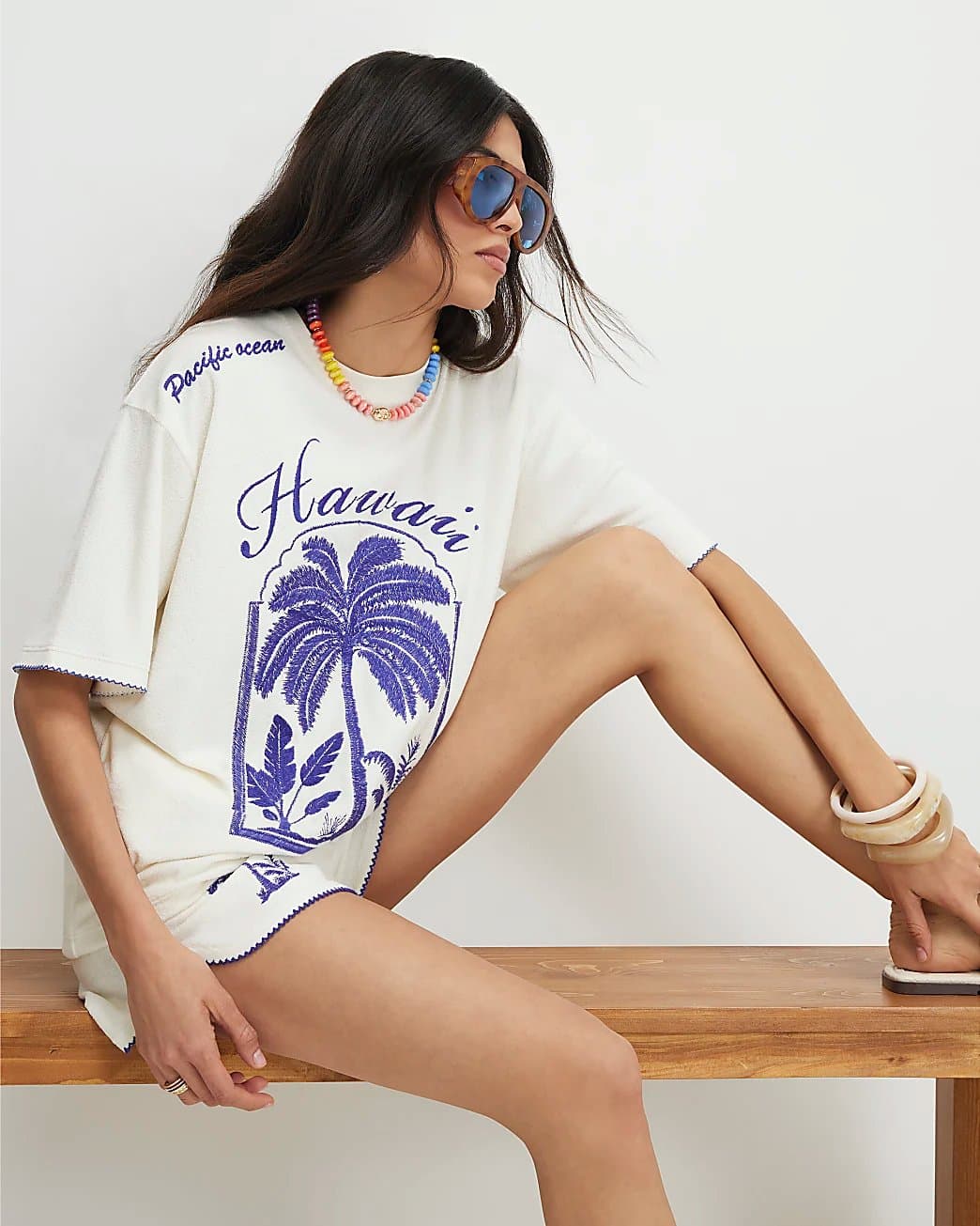 River Island River Island Womens Cream Cotton Blend Hawaii Towelling T-Shirt