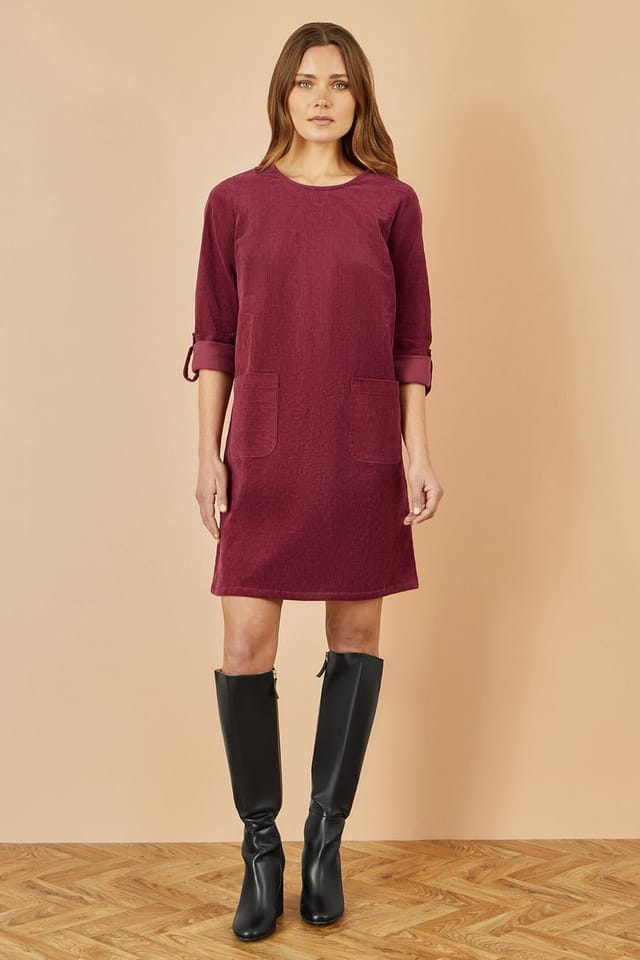 Yumi Yumi Women's Burgundy Cord Tunic Dress With 3/4 Sleeves & Pockets - 2