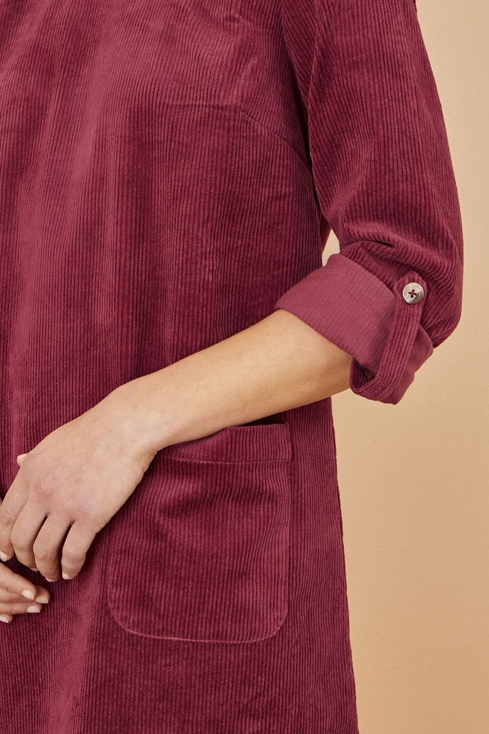 Yumi Yumi Women's Burgundy Cord Tunic Dress With 3/4 Sleeves & Pockets - 4