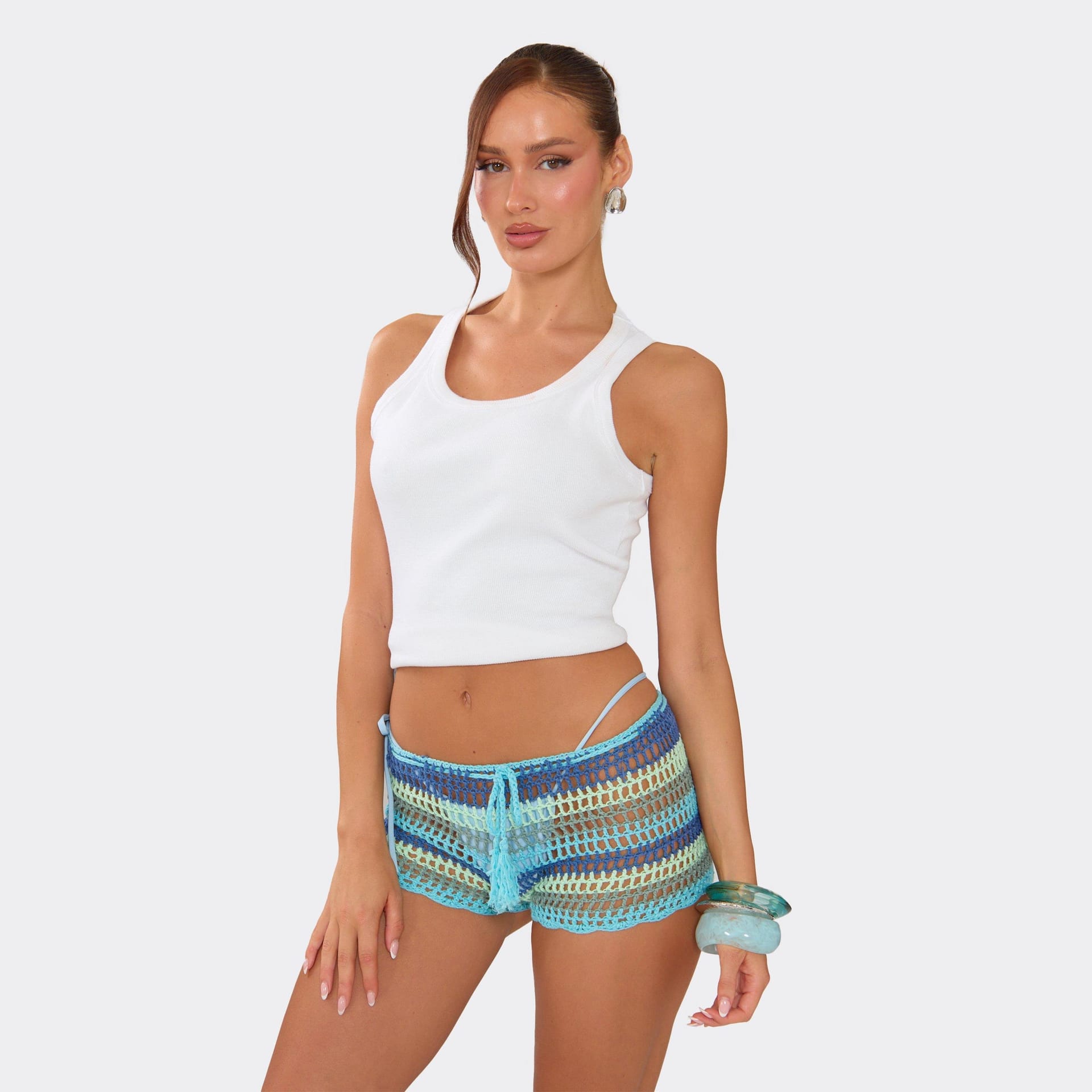 EGO Blue Striped Crochet Knit Low Rise Mini Shorts