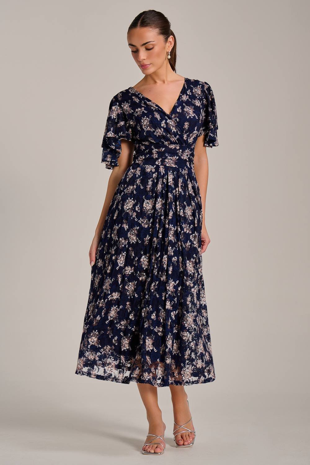 Jolie Moi Jolie Moi Women's Angel Sleeve Print Lace Maxi Dress in Navy - 4
