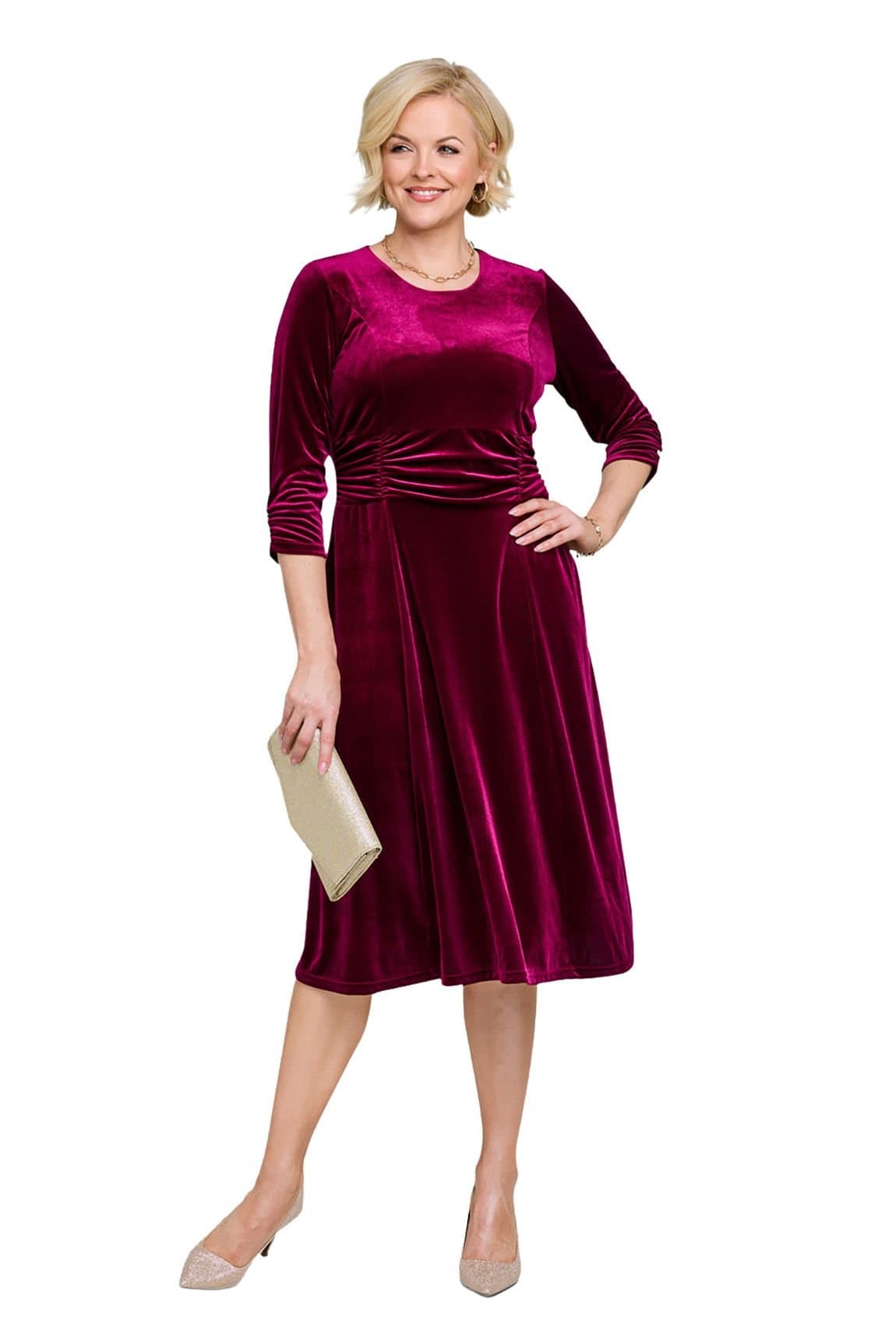 Amber Amber Women's Velour Fit & Flare Dress with Ruching in Dark Red