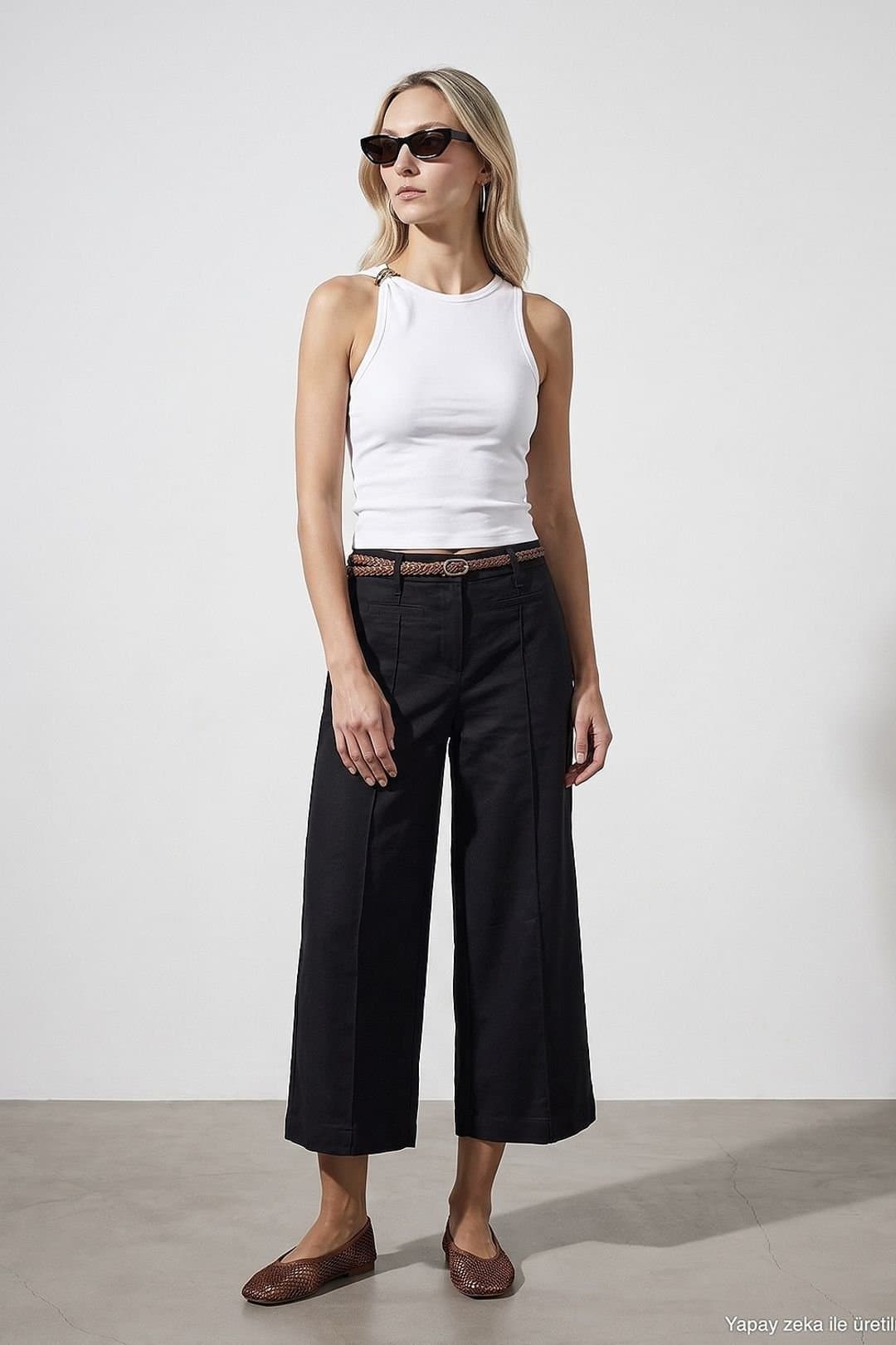Dilvin Dilvin Black Linen Blend Wide-Leg Trousers