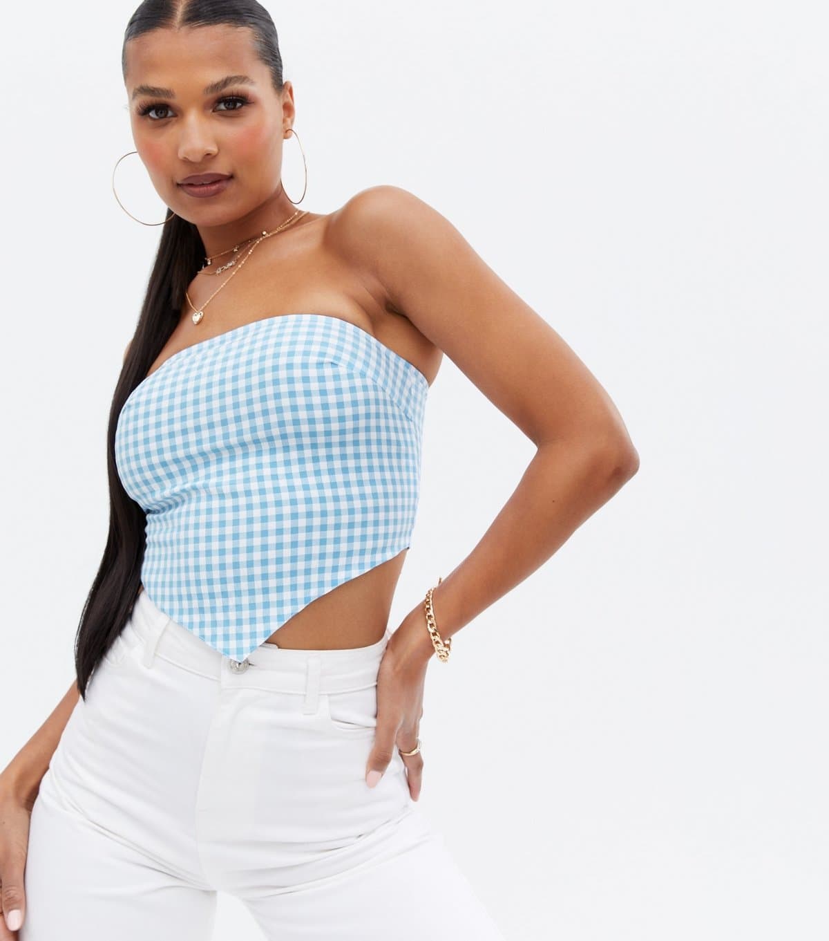 New Look Women's Blue Gingham Bandeau Scarf Top New Look