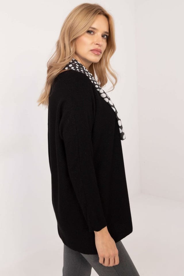 Love Lace Love Lace Women's Elegant V Neck Sweater Set with Scarf in Black - 3