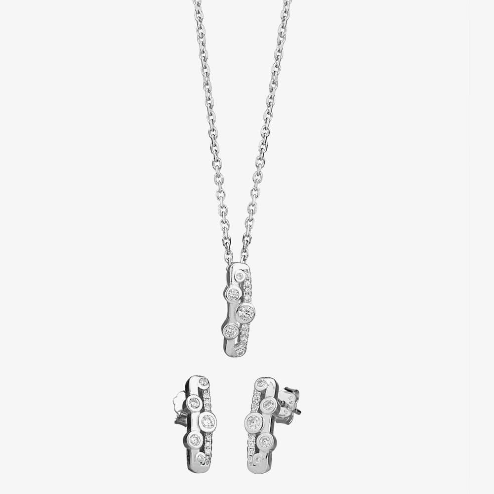 T.H.Baker T.H.Baker Women's Silver Cubic Zirconia Twin Row Pendant & Earring Set SET11971