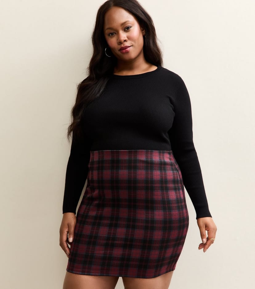 New Look Women's Plus Size Red Jersey Check Tube Mini Skirt Curves New Look - 1