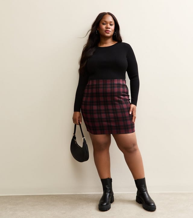New Look Women's Plus Size Red Jersey Check Tube Mini Skirt Curves New Look - 2