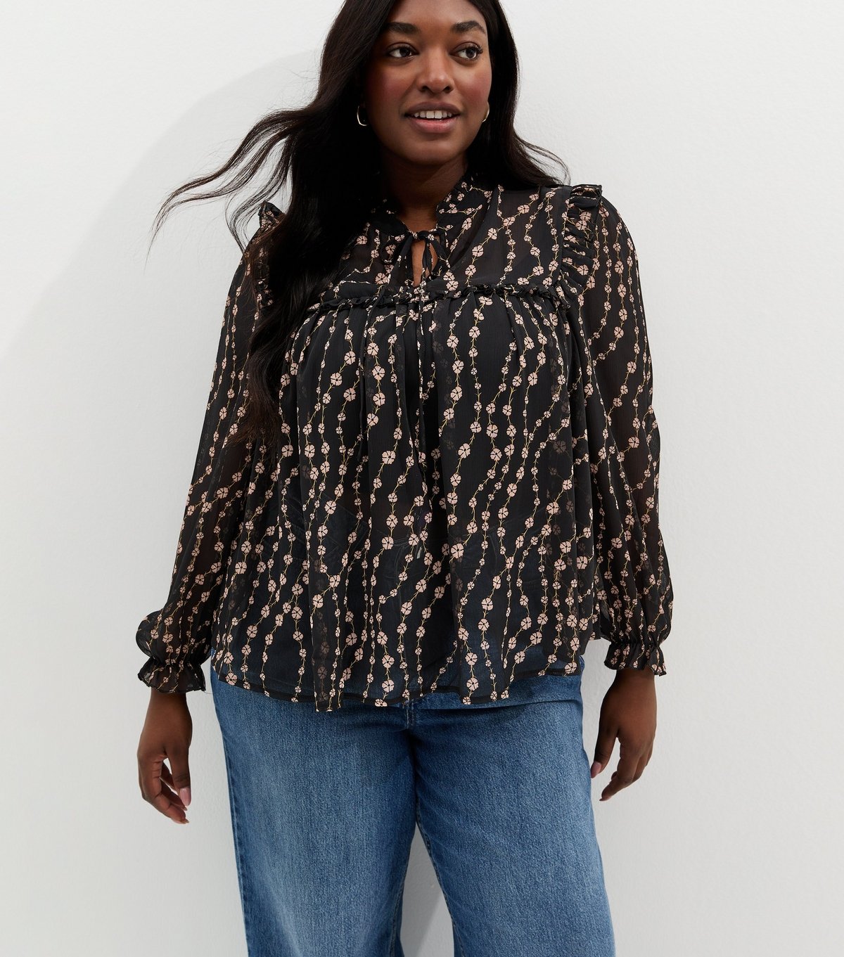 New Look Women's Plus Size Black Floral Chiffon Tie Neck Blouse Curves New Look - 1