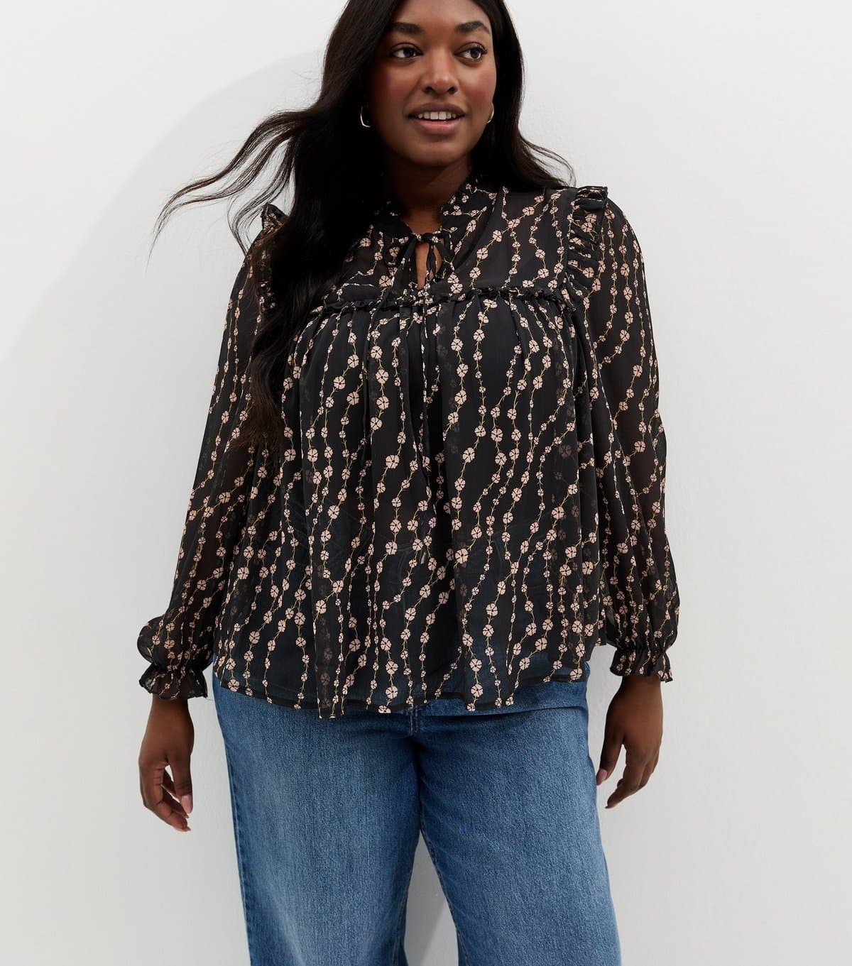 New Look Women's Plus Size Black Floral Chiffon Tie Neck Blouse Curves New Look