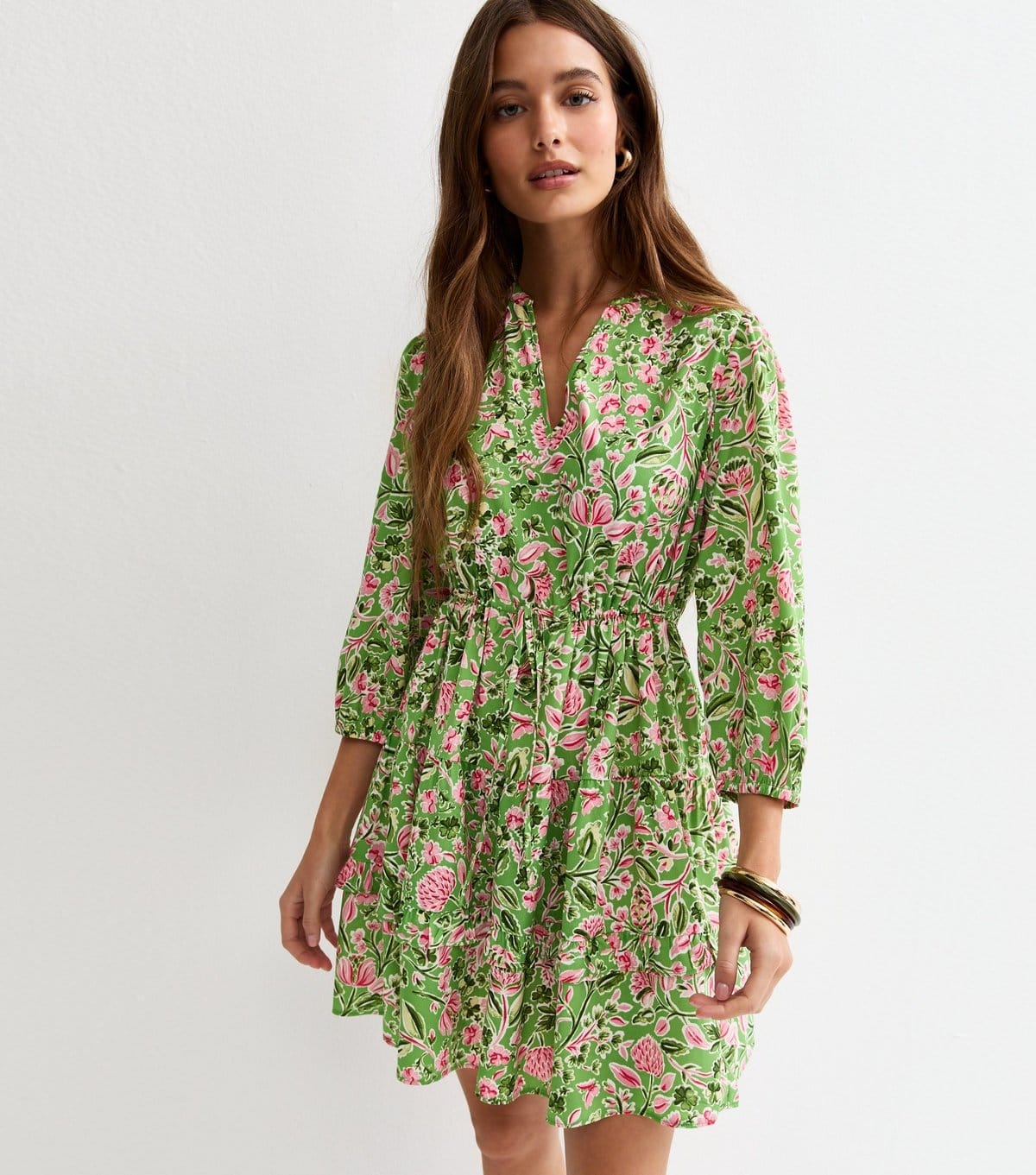 New Look Green Floral Tiered Mini Dress
