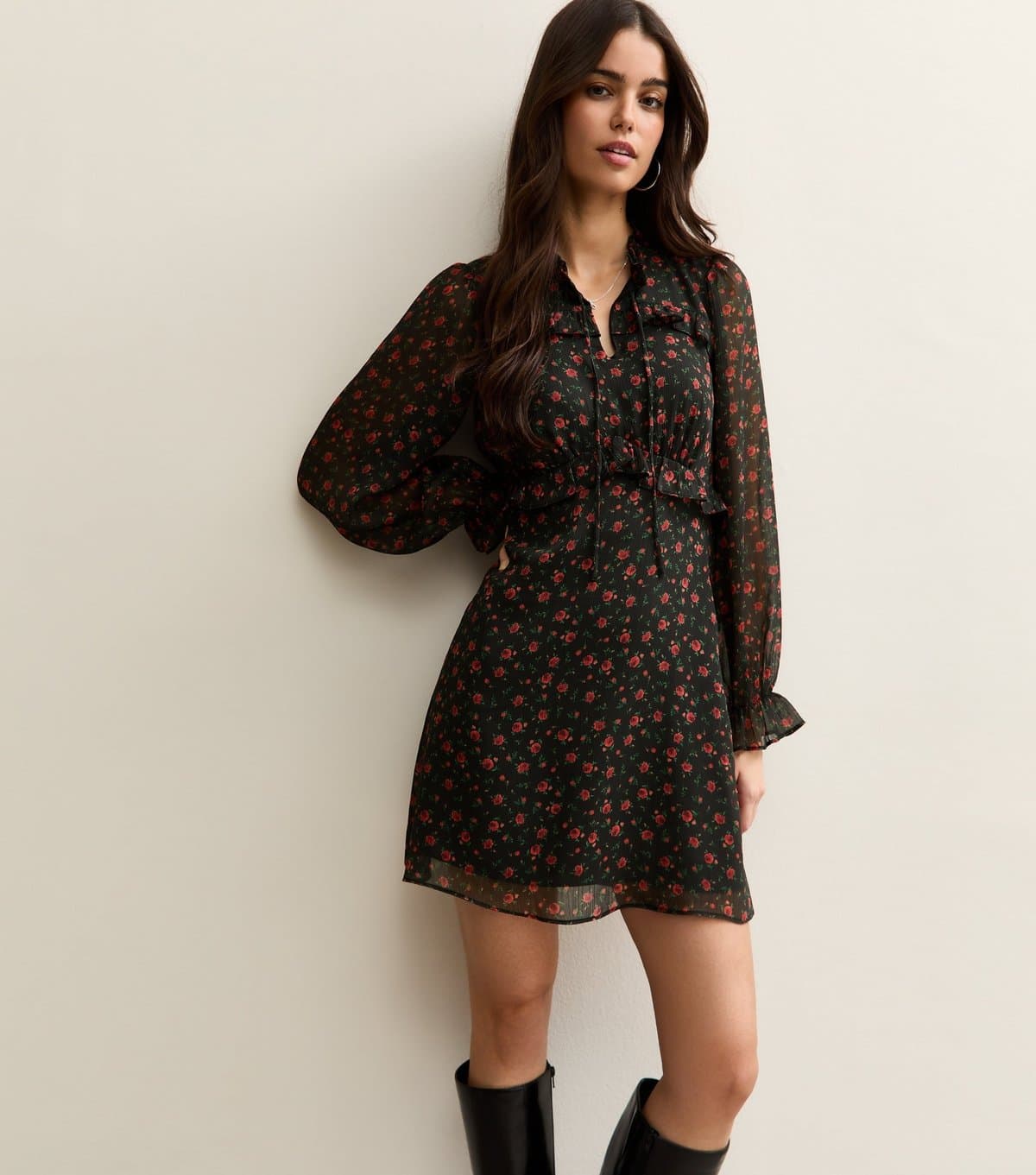 New Look Women's Black Rose Long Sleeve Frill High Neck Mini Dress New Look