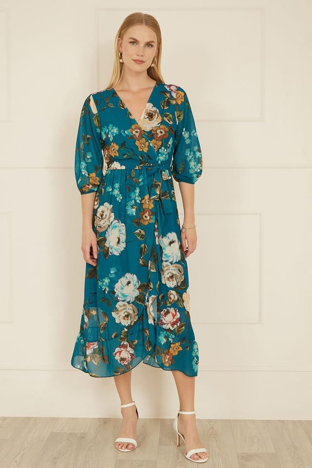 Yumi Yumi Women's Teal Watercolour Dip Hem Midi Wrap Dress - 2