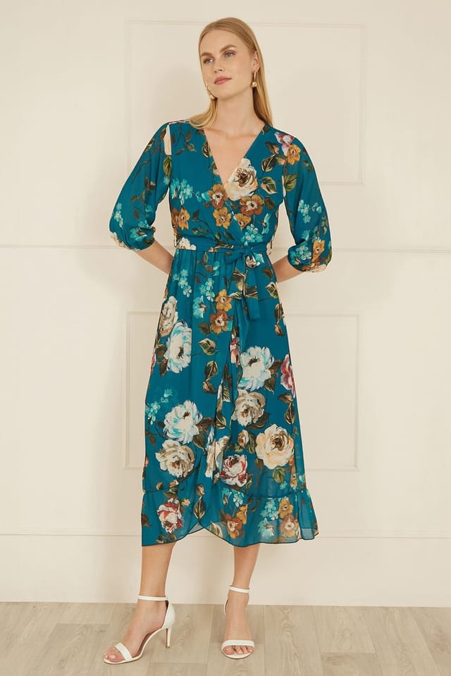 Yumi Yumi Women's Teal Watercolour Dip Hem Midi Wrap Dress - 3