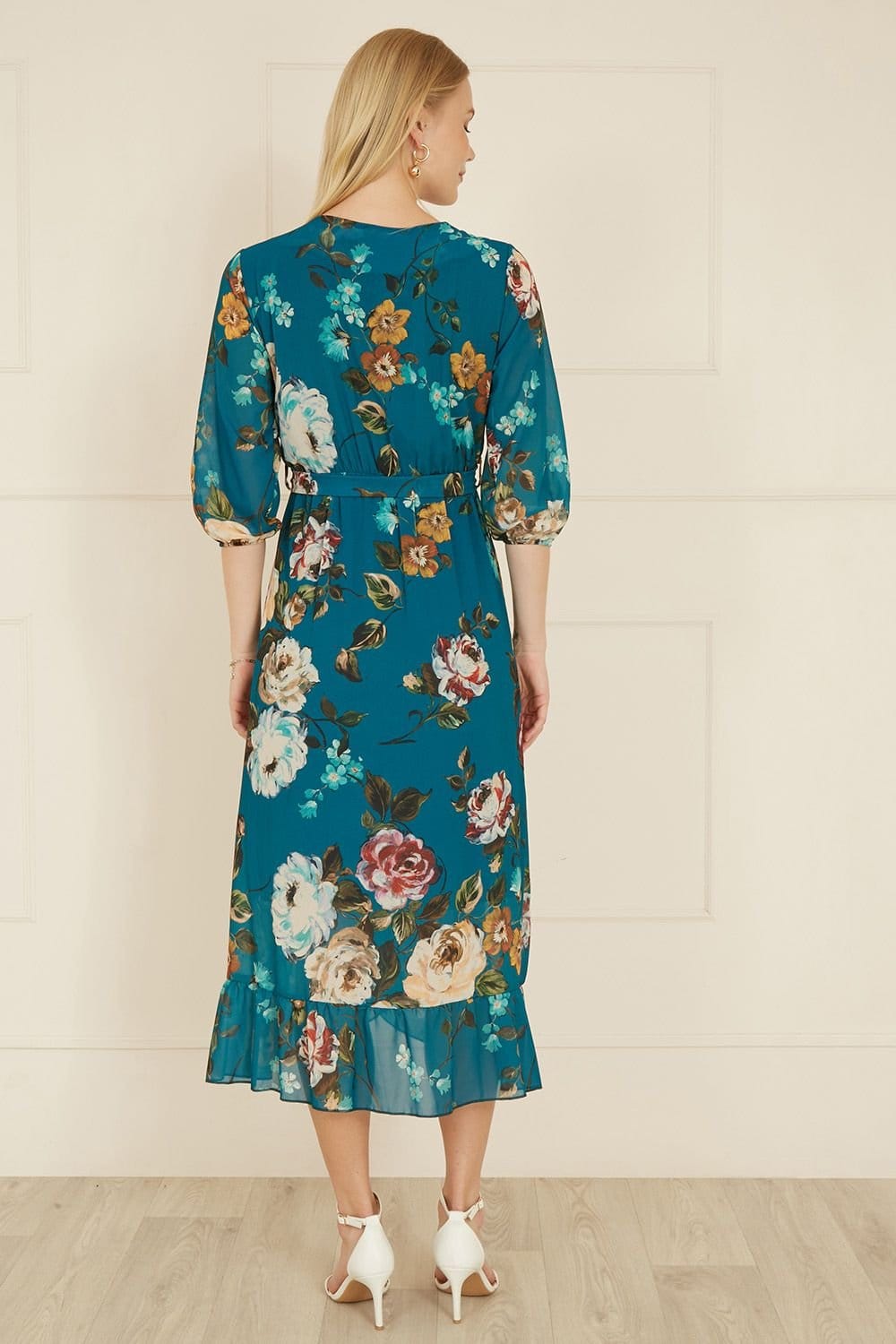 Yumi Yumi Women's Teal Watercolour Dip Hem Midi Wrap Dress - 4