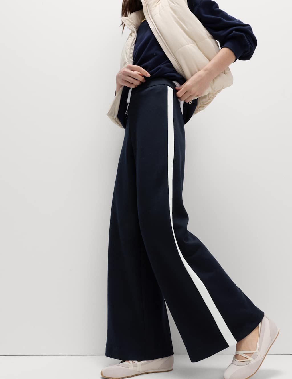 Marks & Spencer M&S Pique Side Stripe Wide Leg Trousers Navy Mix