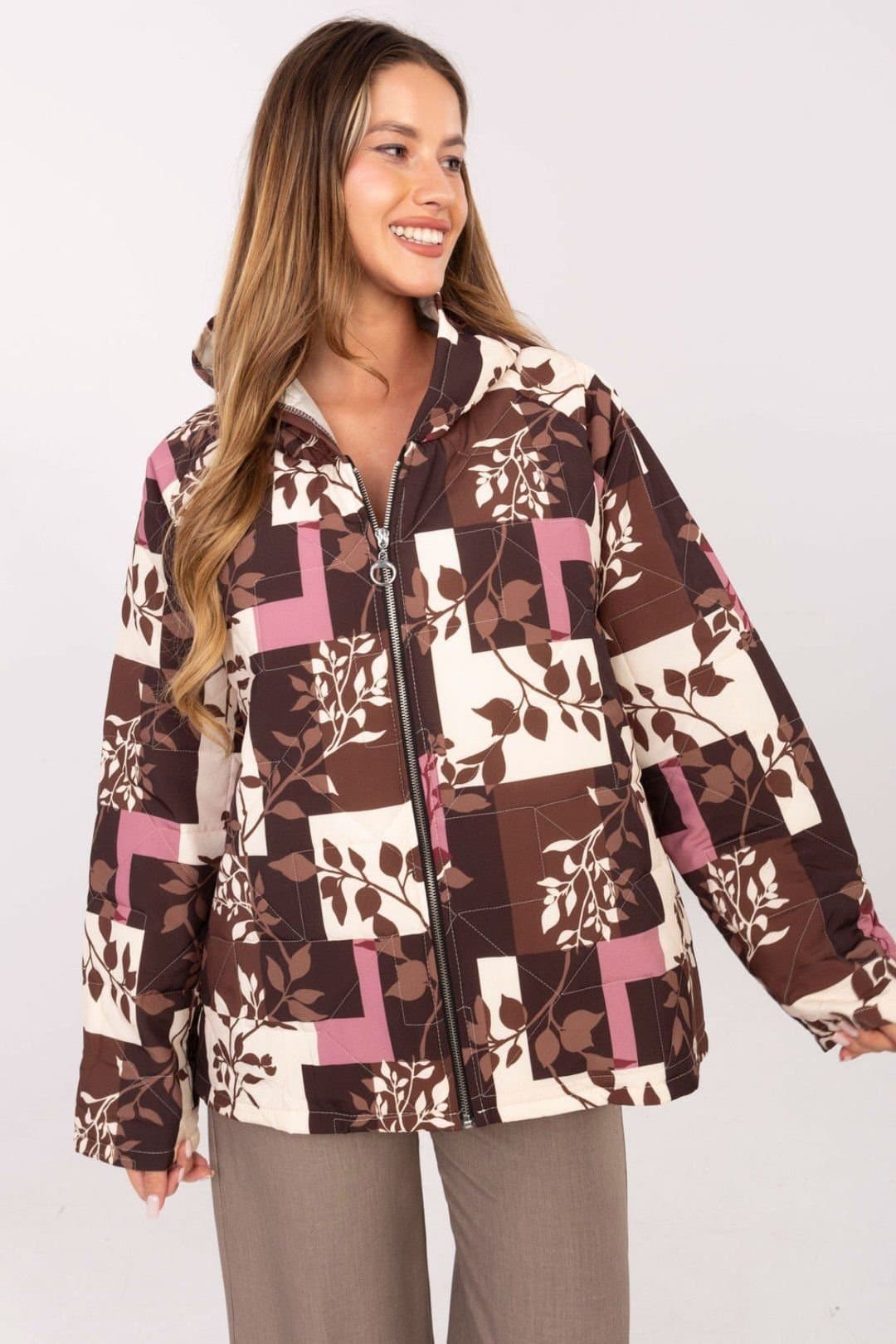 Love Lace Love Lace Women's Colorful Quilted Hooded Print Jacket in Brown