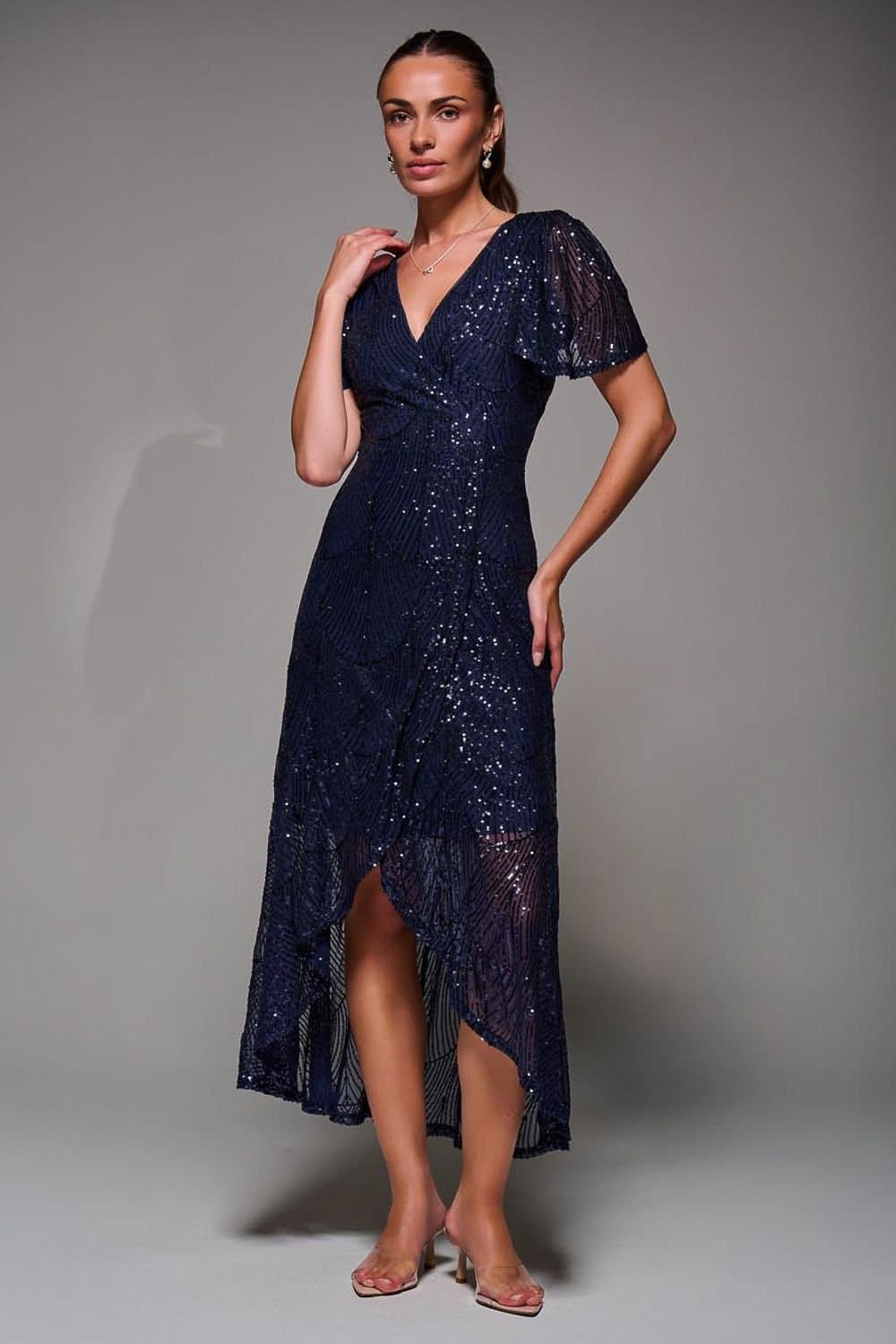 Jolie Moi Jolie Moi Women's Sequin Angel Sleeve Ruffle Hem Maxi Dress in Dark Navy