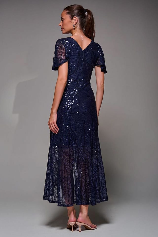 Jolie Moi Jolie Moi Women's Sequin Angel Sleeve Ruffle Hem Maxi Dress in Dark Navy - 2