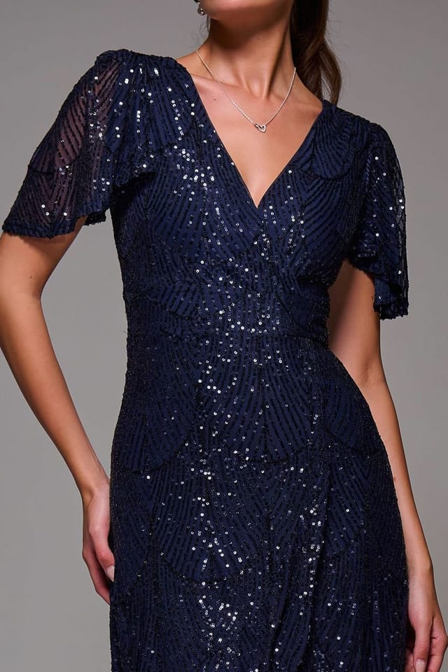 Jolie Moi Jolie Moi Women's Sequin Angel Sleeve Ruffle Hem Maxi Dress in Dark Navy - 3