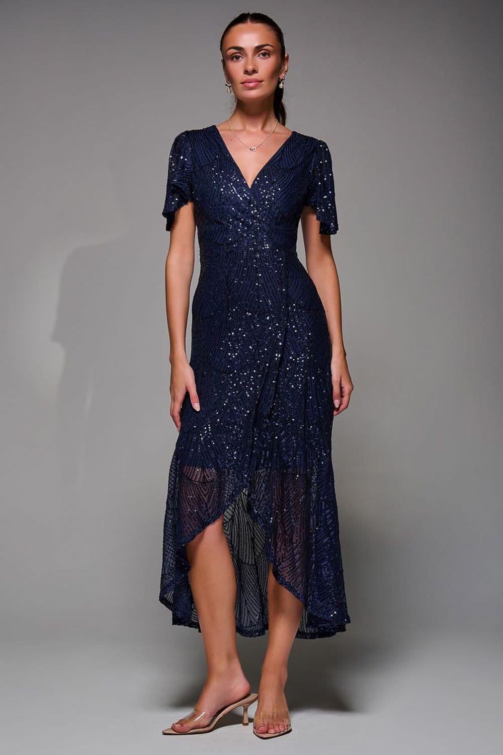 Jolie Moi Jolie Moi Women's Sequin Angel Sleeve Ruffle Hem Maxi Dress in Dark Navy - 4