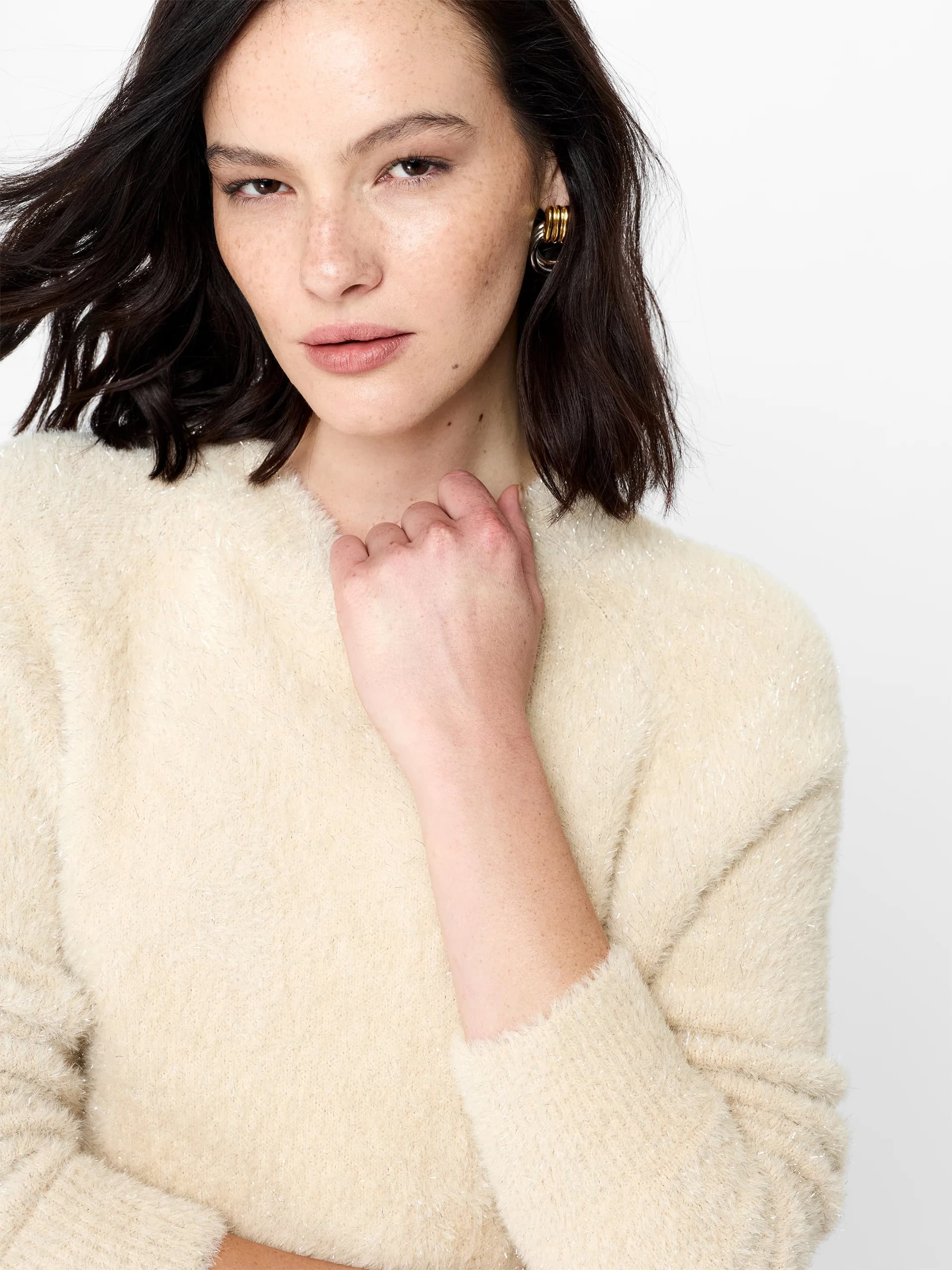 French Connection Melia Cream Fluffy Sparkle Knit Jumper Light Camel