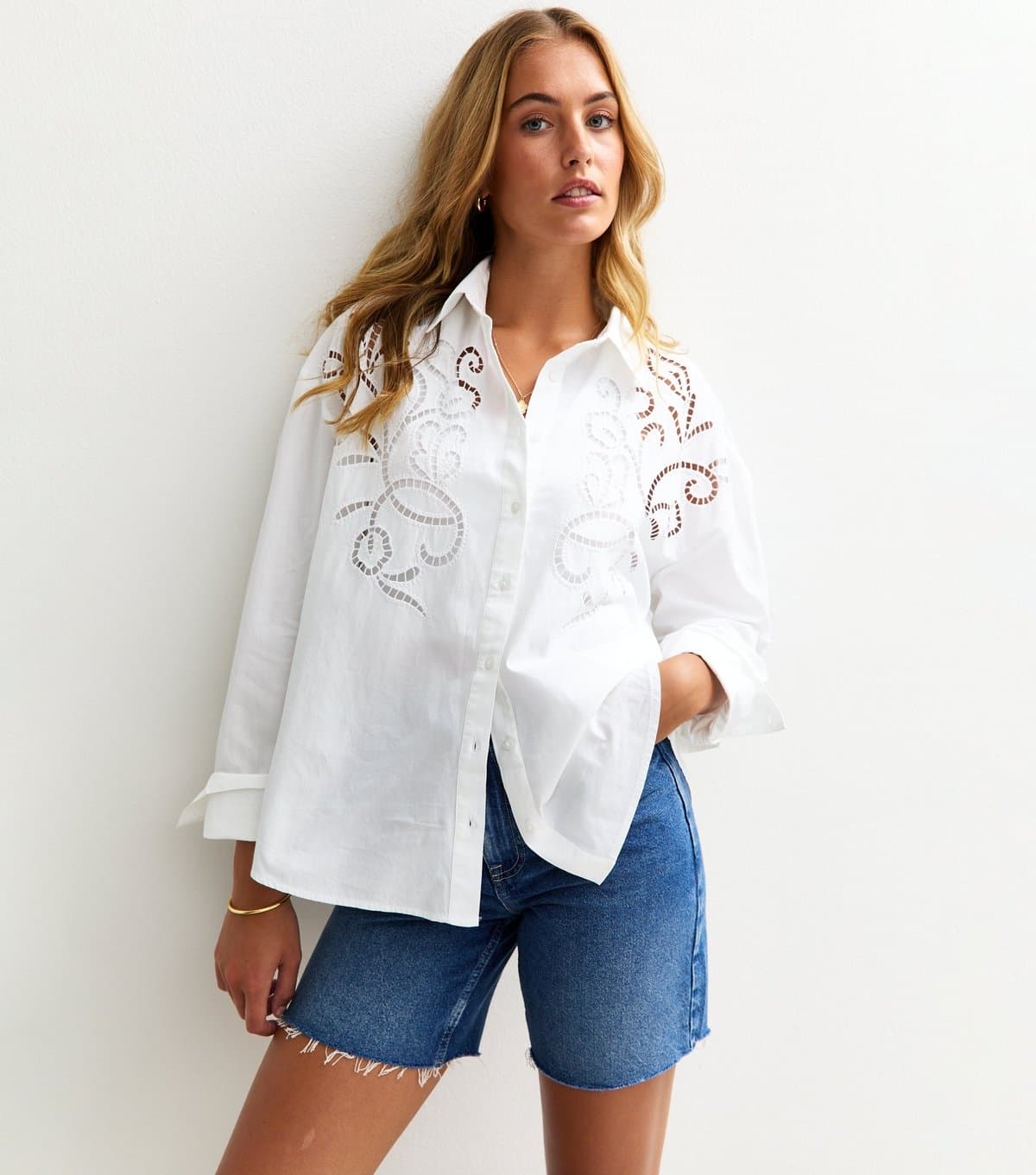 New Look Women's Tall Off White Cutwork Cotton Poplin Shirt New Look
