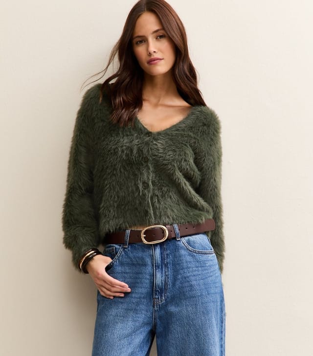 New Look Women's Light Khaki Super Fluffy Button Up Cardigan New Look - 2