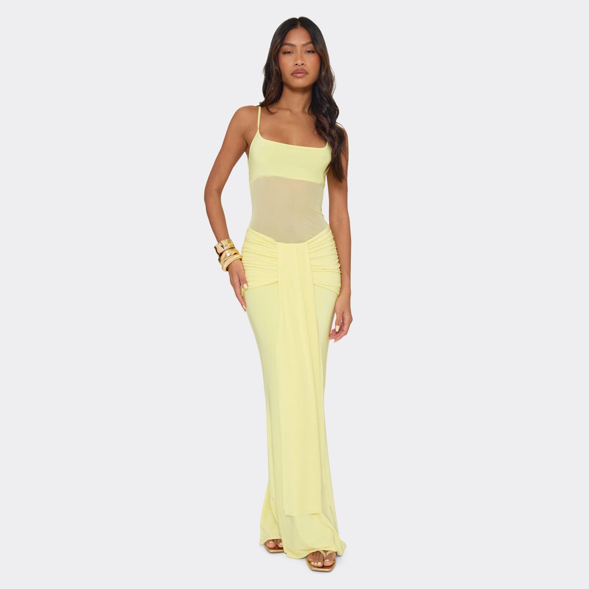 EGO Strappy Sheer Panel Draped Front Ruched Maxi Dress In Yellow, Women's Size UK 6
