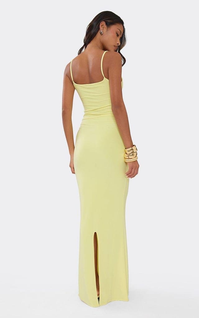 EGO Strappy Sheer Panel Draped Front Ruched Maxi Dress In Yellow, Women's Size UK 6 - 2