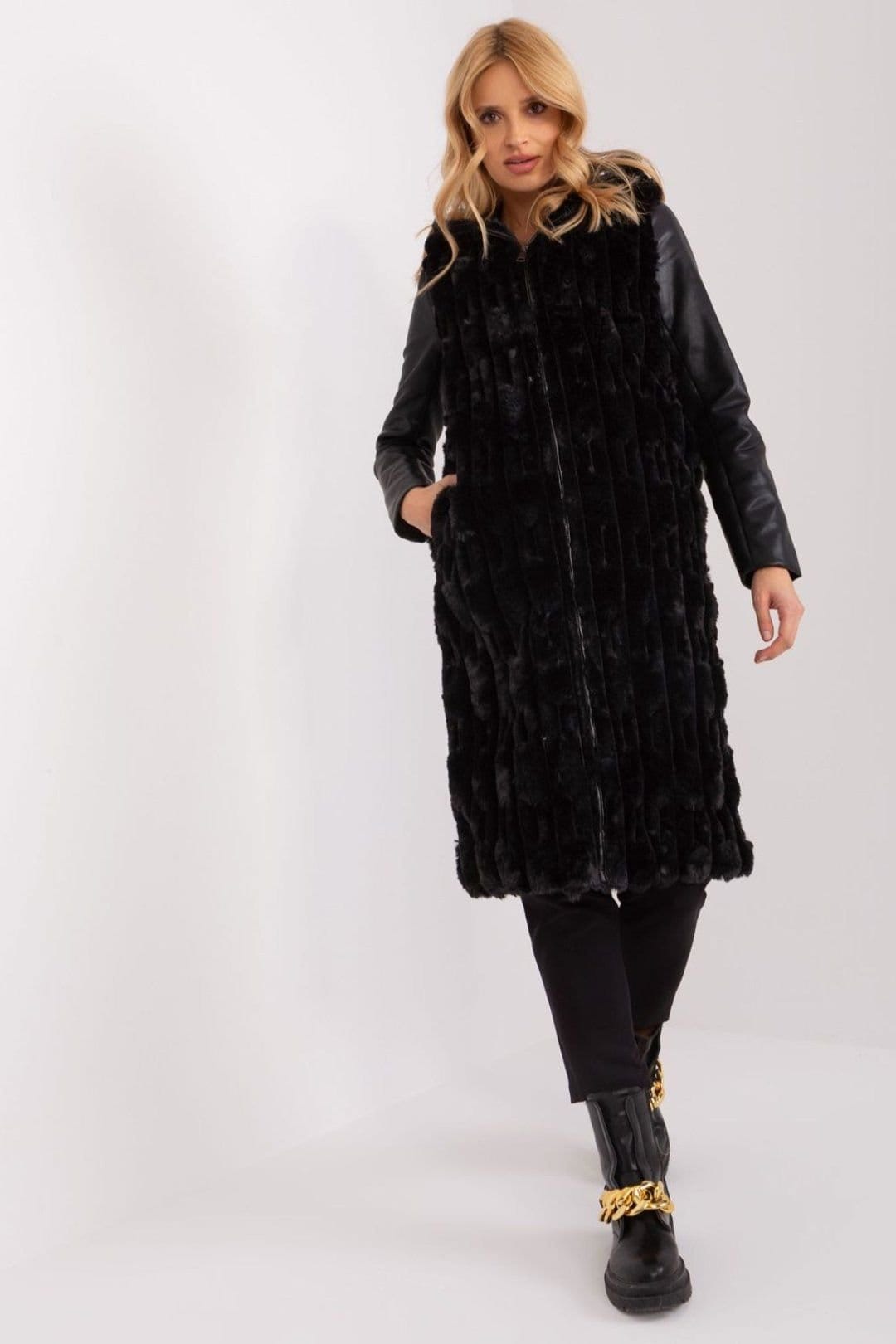 Love Lace Black Faux Fur Hooded Vest for Winter Office